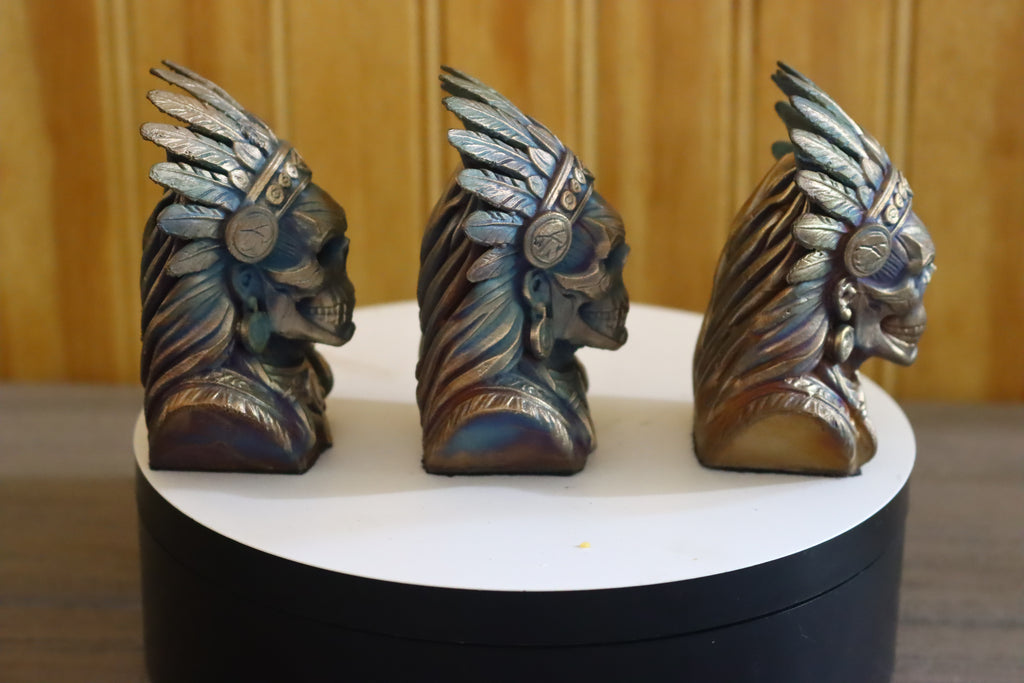 Hollow Cast Silicon Bronze Skeletal Indian Chief Statue 3" Tall