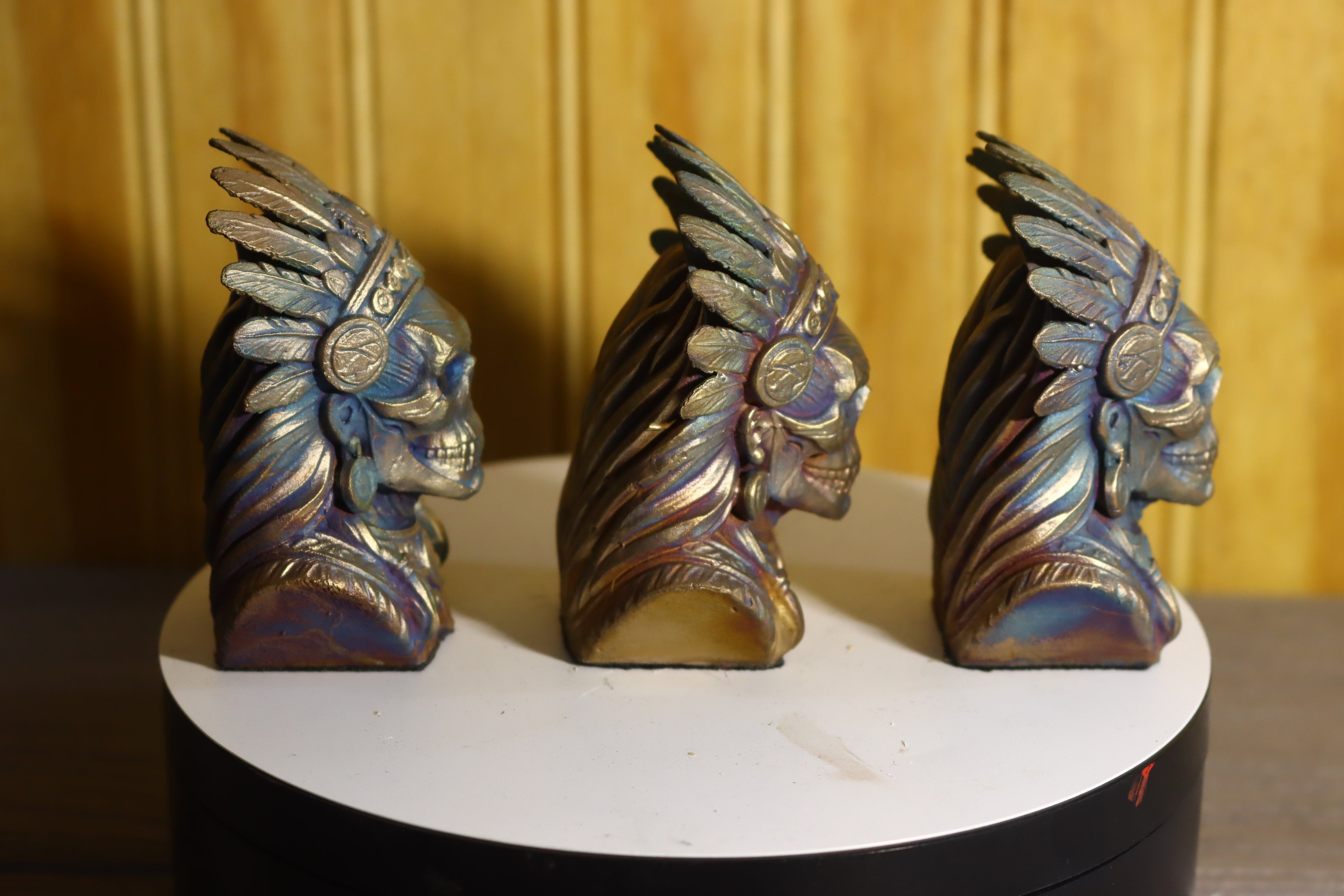 Hollow Cast Silicon Bronze Skeletal Indian Chief Statue 3" Tall